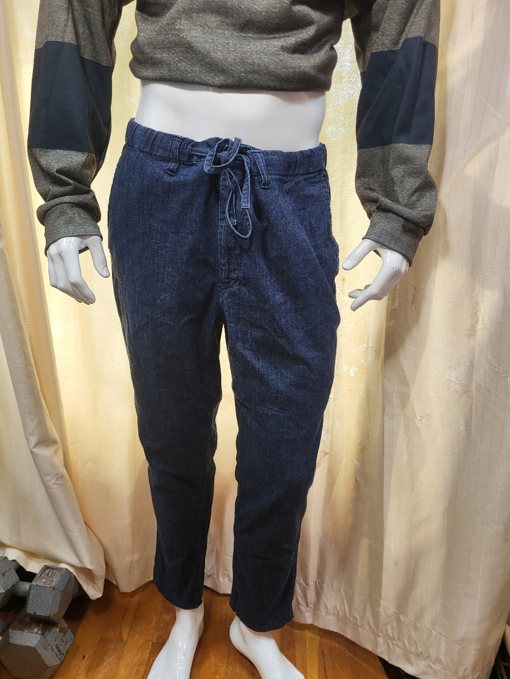 Muji Large Navy Blue Drawstring Straight-Leg Pants Men's